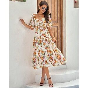 Women Floral Midi Dress Puff Sleeve Cutout Smocked Tiered Boho Sun Dress XXL
